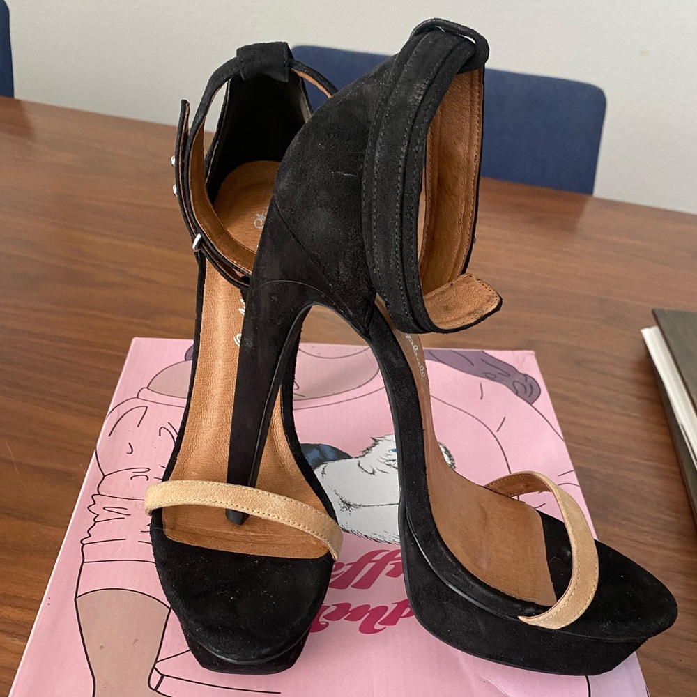 Jeffrey Campbell Day-2 black and nude suede open toe high heel with box